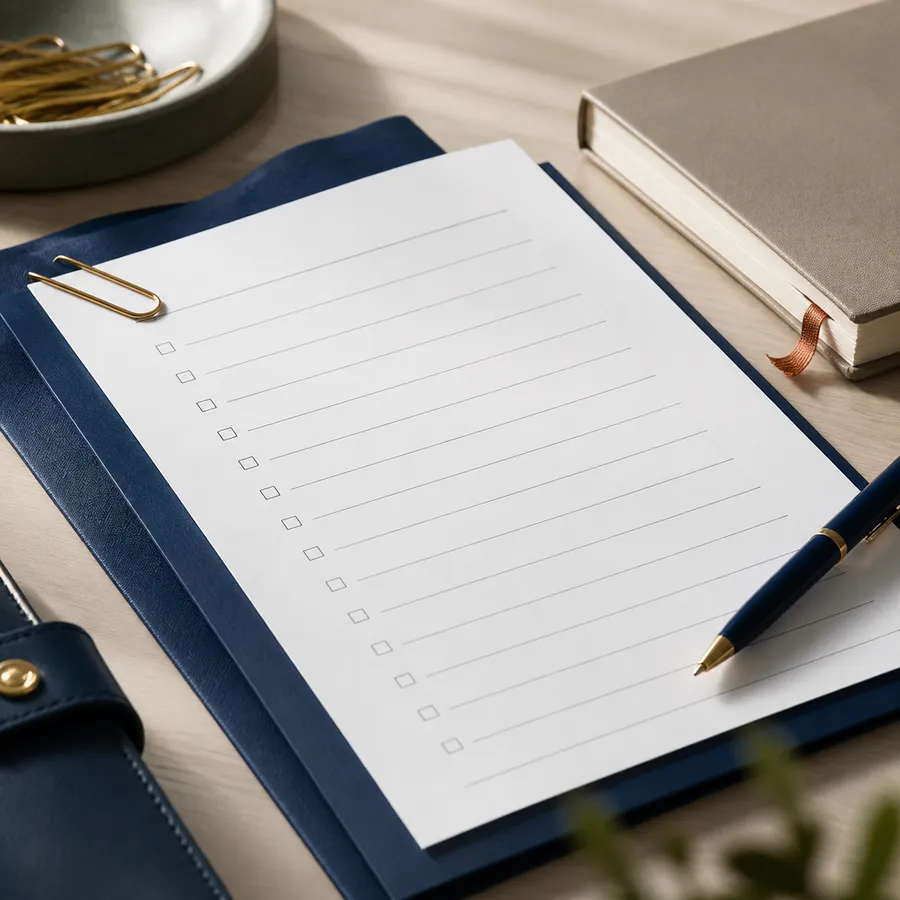 A blank checklist on a navy folder beside a pen and notebook